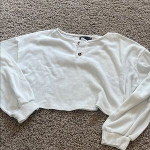 Cropped White Waffle Knit Henley Top